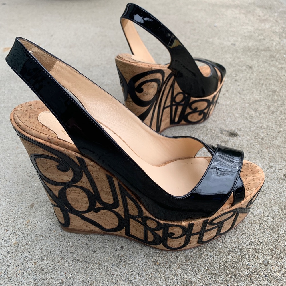 Christian Louboutin cork edge black patent sling back